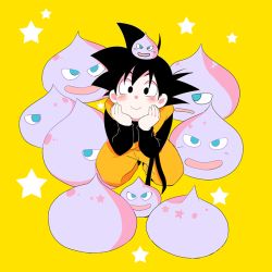 Rule 34 | 1boy, black eyes, black hair, blush, blush stickers, child, dragon ball, dragonball z, hands on own chin, happy, kneeling, looking at viewer, looking up, male focus, rochiko (bgl6751010), simple background, smile, son goten, star (symbol), yellow background