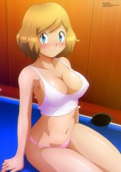 Rule 34 | 1girl, absurdres, arm support, blonde hair, blue eyes, blurry, breasts, cleavage, closed mouth, collarbone, commentary, covered erect nipples, creatures (company), eyelashes, game freak, highres, indoors, looking at viewer, medium breasts, navel, nintendo, panties, pink panties, pokemon, pokemon (anime), pokemon xy (anime), pool table, serena (pokemon), shiny skin, shirt, short hair, sitting, smile, solo, table, underwear, white shirt, zel-sama