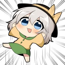 Rule 34 | 1girl, black bow, blue eyes, bow, chibi, emphasis lines, full body, green skirt, grey hair, hat, hat bow, komeiji koishi, long sleeves, open mouth, short hair, skirt, solo, touhou, twumi, yellow bow