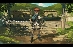 Rule 34 | 1boy, arrow (projectile), bad id, bad pixiv id, boots, bow (weapon), brown eyes, brown hair, cloud, gauntlets, gloves, hand on own hip, hip focus, horns, letterboxed, looking at viewer, male focus, mountain, pixiv fantasia, pixiv fantasia wizard and knight, ponytail, quiver, rounin (amuza), shadow, shield, shorts, sky, solo, standing, weapon