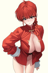 Rule 34 | 1girl, blue eyes, blush, braid, braided ponytail, breasts, brown background, cleavage, hand on own hip, highres, large breasts, long hair, long sleeves, looking at viewer, mx2j, no pants, ranma-chan, ranma 1/2, red hair, red shirt, shirt, simple background, solo, white background