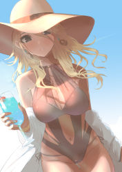 Rule 34 | 1girl, absurdres, black one-piece swimsuit, blonde hair, blue sky, blush, bracelet, breasts, brown one-piece swimsuit, cleavage, dark-skinned female, dark skin, dutch angle, floating hair, groin, hat, highres, idolmaster, idolmaster shiny colors, izumi mei, jewelry, large breasts, looking at viewer, monokini, nail polish, navel, one-piece swimsuit, shirt, sky, solo, sun hat, swimsuit, umirororo, white hat, white shirt