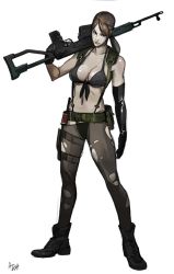 Rule 34 | 1girl, ami thompson, asymmetrical gloves, bad id, bad pixiv id, belt, bikini, boots, breasts, brown hair, cleavage, combat boots, dragunov svd, explosive, muzzle device, front-tie bikini top, front-tie top, full body, gloves, grenade, gun, highleg, highleg bikini, highleg swimsuit, holster, large breasts, metal gear (series), metal gear solid, metal gear solid v: the phantom pain, mismatched gloves, navel, over shoulder, pantyhose, ponytail, quiet (metal gear), rifle, sniper rifle, solo, suspenders, swimsuit, thigh holster, torn clothes, torn pantyhose, weapon, weapon over shoulder