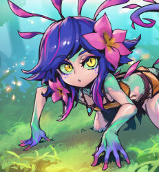 Rule 34 | 1girl, all fours, blue hair, breasts, colored skin, crop top, flower, grass, green skin, hair flower, hair ornament, league of legends, multicolored background, multicolored hair, multicolored skin, neeko (league of legends), outdoors, parted lips, phantom ix row, pink flower, pink hair, skirt, small breasts, solo, teeth, two-tone hair, yellow eyes