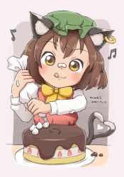 Rule 34 | 1girl, :3, :q, animal ear fluff, artist name, blush, brown hair, cake, chen, dated, earrings, food, green hat, grey background, hat, heart, heart tail, highres, holding, jewelry, looking down, misakili, mob cap, multiple tails, musical note, red skirt, red vest, short hair, simple background, single earring, skirt, solo, tail, tongue, tongue out, touhou, two tails, vest, yellow eyes