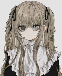 Rule 34 | 1girl, black ribbon, brown eyes, brown hair, buttons, closed mouth, dress, frilled dress, frills, hair ribbon, heterochromia, highres, long hair, looking at viewer, original, ribbon, simple background, solo, taezuodoru 0, two side up, upper body, white background