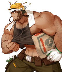 Rule 34 | 1boy, abs, arm hair, bag, bandaid, bandaid on face, bandaid on nose, bara, bare shoulders, beard, black tank top, brown hair, carrying, carrying under arm, chest hair, clothes lift, dark-skinned male, dark skin, eyebrows visible through headband, facial hair, from side, gloves, gomtang, green pants, hairy, hard hat, headband, helmet, large pectorals, lifted by self, male focus, mature male, midriff peek, muscular, muscular male, navel, navel hair, nipple slip, nipples, original, pants, pectoral cleavage, pectorals, shirt lift, short hair, sideburns, sidepec, single glove, sleeveless, solo, stomach, sweat, tank top, thick eyebrows, thick thighs, thighs, tight clothes, tight pants, towel, towel around neck