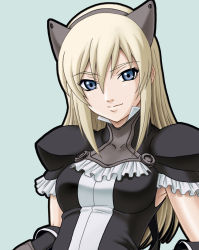 Rule 34 | 1girl, animal ears, blonde hair, blue eyes, breasts, cat ears, cat girl, druaga no tou, fatina, female focus, long hair, misnon the great, simple background, solo, upper body
