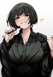 Rule 34 | 1girl, absurdres, allmind (armored core 6), armored core, armored core 6, black hair, black necktie, black shirt, black suit, breasts, cleavage, collarbone, collared shirt, earrings, formal, green eyes, green hair, grin, highres, holding, holding pen, izulizuru, jewelry, large breasts, long sleeves, looking at viewer, multicolored hair, necktie, notice lines, pen, personification, shirt, simple background, smile, solo, streaked hair, suit, white background