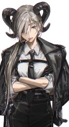 Rule 34 | 1girl, 2 blankk, black gloves, black jacket, black necktie, black pants, chainsaw man, chest belt, cigarette, collared shirt, crossed arms, eyepatch, gloves, grey hair, highres, horns, jacket, jacket on shoulders, long hair, looking at viewer, necktie, pants, parted lips, ponytail, quanxi (chainsaw man), rolled, sheep horns, shirt, shirt tucked in, simple background, solo, white background, white shirt