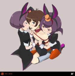 Rule 34 | 3girls, ace attorney, ahoge, animal ears, bare shoulders, bdsm, betty de famme, black dress, black footwear, blue eyes, blush, bondage, bonny de famme, boots, bound, brown hair, coattails, collarbone, commentary, dated, dress, dress grab, earrings, fake animal ears, fingernails, fishnet legwear, fishnets, girl sandwich, grabbing another&#039;s chin, hand on another&#039;s chin, hat, highres, jewelry, knee boots, kneeling, leotard, looking at another, looking back, mary janes, mini hat, mini top hat, multicolored footwear, multiple girls, open mouth, orange headwear, orange pantyhose, pantyhose, patreon logo, phoenix wright: ace attorney - spirit of justice, playboy bunny, purple footwear, purple hair, rabbit ears, red eyes, red scarf, rope, sandwiched, scarf, seiza, sharpffffff, shibari, shoes, short hair, siblings, simple background, single earring, sitting, smile, spoilers, strapless, strapless dress, sweatdrop, top hat, trucy wright, twins, white background, white footwear, wrist cuffs, yuri