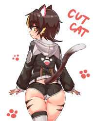 Rule 34 | 1girl, :3, animal ears, ass, black hair, black jacket, black panties, body markings, cat ears, cat girl, cat tail, closed mouth, commentary, copyright name, cougar (cougar1404), cowboy shot, cut cat, from behind, grey thighhighs, hood, hood down, hooded jacket, jacket, kua (cougar1404), light blush, long sleeves, looking at viewer, looking back, multicolored hair, no pants, orange eyes, orange hair, panties, paw print, ribbed panties, short hair, single thighhigh, skindentation, smile, solo, standing, streaked hair, tail, thighhighs, tiger stripes, trefoil, underwear, white background
