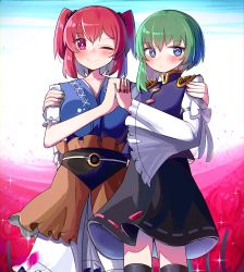Rule 34 | 2girls, ;), absurdres, asymmetrical hair, black skirt, black socks, blue eyes, blue kimono, bright pupils, closed mouth, cowboy shot, epaulettes, green hair, hand on another&#039;s shoulder, highres, holding hands, japanese clothes, kimono, long sleeves, looking at viewer, multiple girls, nail polish, one eye closed, onozuka komachi, red eyes, red hair, red nails, ribbon-trimmed skirt, ribbon trim, sash, shiki eiki, short hair, short sleeves, skirt, smile, socks, spam (spamham4506), standing, touhou, two side up, white pupils