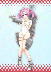 Rule 34 | 1girl, absurdres, adapted turret, cannon, casual one-piece swimsuit, commentary request, full body, hair bobbles, hair ornament, highres, kantai collection, looking at viewer, machinery, one-piece swimsuit, pink eyes, pink hair, sazanami (kancolle), shamo (ptwmjgda), short hair, smokestack, solo, strapless, strapless one-piece swimsuit, swimsuit, torpedo launcher, turret, twintails, white one-piece swimsuit