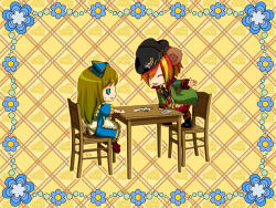 Rule 34 | 1boy, 1girl, ^ ^, alice liddell (kuni no alice), animal ears, apron, aqua eyes, arm support, arm up, badge, boots, bow, card, chair, cheese, chibi, closed eyes, dress, flower, food, game cg, hair bow, hair over one eye, happy, hat, heart no kuni no alice, leaning, leaning forward, mouse ears, mouse tail, multicolored hair, necktie, official art, open mouth, outstretched arm, pierce villiers, playing card, puffy sleeves, sitting, skirt, standing, streaked hair, sweat, table, tail