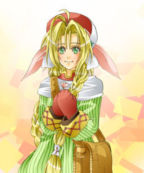 Rule 34 | 1girl, ahoge, bag, blonde hair, braid, florina (wild arms), florina (wild arms 3), flower, gloves, green eyes, hair ornament, hairpin, hat, long hair, lowres, niji akari, parted bangs, ribbon, shawl, simple background, smile, solo, twintails, wild arms, wild arms 3