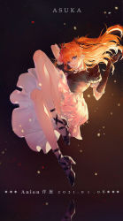 Rule 34 | 1girl, anioncyan, artist name, black dress, black gloves, blue eyes, character name, cinders, dated, dress, elbow gloves, floating, gloves, gothic lolita, high heels, highres, knees up, legs, lolita fashion, long hair, looking at viewer, neon genesis evangelion, orange hair, reflective floor, smile, solo, souryuu asuka langley, two side up