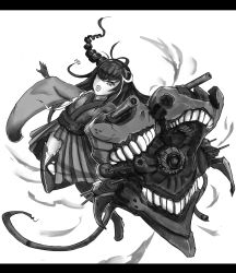 Rule 34 | 10s, 1girl, abyssal ship, anchor hair ornament, ancient destroyer princess, black hair, boots, colored skin, dot triangle, drill hair, gloves, greyscale, gun, hair ornament, hakama, hakama skirt, highres, hose, japanese clothes, jumping, kantai collection, kimono, letterboxed, long hair, looking at viewer, mechanical parts, meiji schoolgirl uniform, mole, mole under mouth, monochrome, open mouth, pepii, shouting, side drill, side ponytail, simple background, skirt, solo, tasuki, teeth, thigh boots, thighhighs, torn clothes, torn thighhighs, turret, weapon, white background, white skin