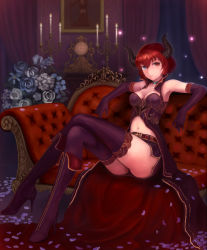 Rule 34 | 1girl, armpits, bad id, bad pixiv id, bare shoulders, belt, blue eyes, bob cut, boots, bouquet, breasts, bustier, candelabra, candle, candlestand, choker, cleavage, clock, couch, crossed legs, curtains, demon, demon girl, dress, elbow gloves, flower, gloves, heterochromia, high collar, high heel boots, high heels, horns, indoors, knee boots, light particles, long legs, looking at viewer, microskirt, midriff, navel, on couch, original, painting (object), parted lips, petals, purple dress, purple gloves, purple thighhighs, red eyes, red hair, red upholstery, ryuinu, short hair, sitting, skirt, sleeveless, sleeveless dress, thighhighs, tufted upholstery