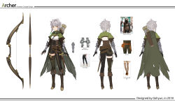 Rule 34 | 1girl, arrow (projectile), artist name, belt, belt pouch, boots, bow (weapon), braid, breasts, brown eyes, brown footwear, cape, concept art, corset, cross-laced footwear, dagger, dated, garter straps, gloves, green cape, highres, knife, lace-up boots, looking at viewer, mt (ringofive), multiple views, original, partially fingerless gloves, pouch, quiver, sheath, silver hair, simple background, small breasts, standing, thighhighs, weapon, white background