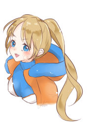 Rule 34 | 1girl, absurdres, alternate hair length, alternate hairstyle, animification, anzu (x anzu ill), apex legends, blonde hair, blue eyes, blue sweater, blush, bodysuit, breasts, facial scar, hair behind ear, highres, hood, hooded jacket, jacket, long hair, looking at viewer, medium breasts, ponytail, portrait, scar, scar on cheek, scar on face, signature, simple background, smile, solo, sweater, turtleneck, turtleneck sweater, wattson (apex legends), white background, white bodysuit