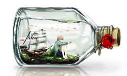 Rule 34 | 1boy, air bubble, blonde hair, blue eyes, bottle, bubble, canarinu, cork, fish, highres, in bottle, in container, male focus, neckerchief, original, profile, reaching, sailor collar, ship, ship in a bottle, shorts, simple background, sitting, smile, solo, submerged, water, watercraft