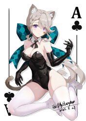 Rule 34 | 1girl, absurdres, animal ears, artist name, bare shoulders, black gloves, black leotard, blush, bow, breasts, cat ears, cat girl, cat tail, cleavage, closed mouth, covered navel, dated, detached collar, elbow gloves, facial mark, fluff, genshin impact, gloves, grey hair, hanghan, highleg, highleg leotard, highres, leotard, long hair, lynette (genshin impact), medium breasts, purple eyes, solo, star (symbol), star facial mark, strapless, strapless leotard, tail, thighhighs, white thighhighs