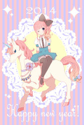 Rule 34 | 10s, 1girl, 2014, black thighhighs, bow, hair bow, happy new year, horse, musco, new year, one eye closed, original, pink hair, sidesaddle, solo, thighhighs, wink