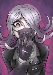 Rule 34 | 1girl, absurdres, breasts, buttons, danganronpa (series), danganronpa 3 (anime), eyebrows, flipped hair, gloves, highres, jacket, kimura seiko, mask, mouth mask, one eye covered, purple eyes, purple gloves, shirt, side bangs, silver hair, solo, surgical mask, white shirt