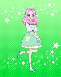 Rule 34 | 1girl, aqua eyes, full body, green footwear, green skirt, hanami kotoha, headband, highres, long hair, mahou girls precure!, off-shoulder shirt, off shoulder, official art, open mouth, parted bangs, pink hair, precure, precure connection puzzlun, shirt, skirt, smile, socks, solo, third-party source
