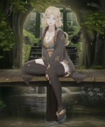 Rule 34 | 1girl, blonde hair, braid, breasts, bridge, cleavage, closed mouth, collarbone, commentary request, fingerless gloves, french braid, geta, gloves, green eyes, hair ornament, hairclip, head tilt, highres, kumanz, looking at viewer, medium breasts, nintendo, pointy ears, princess zelda, sarashi, sash, short hair, signature, sitting, solo, stairs, the legend of zelda, the legend of zelda: breath of the wild, the legend of zelda: tears of the kingdom, thighhighs, triforce, water, zettai ryouiki