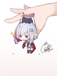 Rule 34 | 1girl, 1other, beni shake, black footwear, black gloves, black jacket, black sleeves, blush, boots, cape, chibi, closed mouth, collared shirt, commentary request, detached sleeves, gloves, gradient background, grey background, grey hair, heart, highres, honkai: star rail, honkai (series), jacket, knee boots, long sleeves, mole, mole under eye, motion lines, multicolored hair, numby (honkai: star rail), on head, out of frame, purple eyes, red cape, red hair, shirt, signature, smile, sparkle, streaked hair, topaz (honkai: star rail), trotter (honkai: star rail), two-tone hair, white background, white shirt