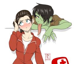 Rule 34 | 2girls, black hair, blue eyes, blunt-katana, blush, brown hair, colored skin, fingernails, gender request, genderswap, green skin, highres, left 4 dead, long hair, long tongue, looking away, multiple girls, naughty face, one-eyed, ponytail, sharp fingernails, simple background, smoker (left4dead), tongue, tongue out, yellow eyes, yuri, zoey (left4dead)