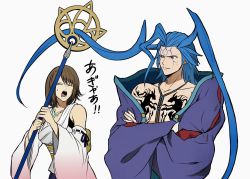 Rule 34 | 1boy, 1girl, asymmetrical bangs, back bow, beads, blue hair, bob cut, body markings, bow, bracelet, breasts, brown hair, crossed arms, detached sleeves, facial mark, final fantasy, final fantasy x, fingernails, grey eyes, hair beads, hair ornament, hair slicked back, highres, holding, holding staff, igusaharu, japanese clothes, jewelry, long hair, loose clothes, lower teeth only, medium breasts, necklace, open mouth, ring, seymour guado, sharp fingernails, short hair, shouting, sideburns, staff, sweatdrop, teeth, twintails, upper body, upper teeth only, white background, wide sleeves, yuna (ff10)
