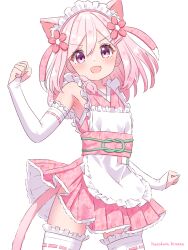 Rule 34 | :d, absurdres, animal ears, apron, armpits, cat ears, cat girl, fang, flower, hair flower, hair ornament, hazakura hinata, highres, japanese clothes, kimono, maid, maid apron, maid headdress, open mouth, original, pink eyes, pink hair, simple background, smile, variant set, wa maid, white apron, white background
