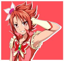 Rule 34 | 00s, 1girl, blush, cure rouge, dress, earrings, eyelashes, fingerless gloves, flower, gloves, hair flower, hair ornament, happy, jabara tornado, jewelry, looking at viewer, magical girl, natsuki rin, precure, red background, red dress, red eyes, red hair, red theme, short hair, smile, solo, spiked hair, standing, vest, wrist cuffs, yes! precure 5, yes! precure 5 gogo!