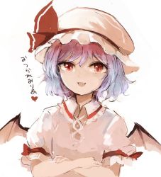 Rule 34 | 1girl, :d, bat wings, blue hair, collared dress, commentary request, crossed arms, dress, fang, hair between eyes, hat, looking at viewer, mob cap, open mouth, pink dress, puffy short sleeves, puffy sleeves, red eyes, remilia scarlet, short hair, short sleeves, simple background, slit pupils, smile, solo, touhou, translated, upper body, wataichi meko, white background, wing collar, wings