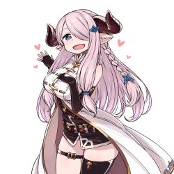 Rule 34 | 10s, 1girl, :d, asymmetric gloves, asymmetrical gloves, belt, black gloves, black thighhighs, blue eyes, braid, breasts, buckle, butterfly hair ornament, chan co, cowboy shot, demon horns, draph, fingerless gloves, gloves, granblue fantasy, hair ornament, hair over one eye, hairclip, hand on own chest, heart, heart-shaped pupils, horns, large breasts, light purple hair, long hair, looking at viewer, narmaya (granblue fantasy), one eye covered, open mouth, pointy ears, purple hair, simple background, single braid, single thighhigh, sleeveless, smile, solo, symbol-shaped pupils, thigh strap, thighhighs, uneven gloves, waving, white background