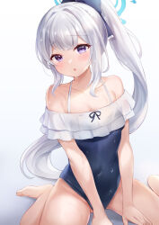 Rule 34 | 1girl, :o, bare shoulders, barefoot, blue archive, blue bow, blue one-piece swimsuit, blush, bow, commentary request, covered navel, frilled one-piece swimsuit, frills, gradient background, grey background, grey hair, hair bow, halo, high ponytail, long hair, looking at viewer, miyako (swimsuit) (blue archive), nikoo, off-shoulder one-piece swimsuit, off shoulder, one-piece swimsuit, parted lips, ponytail, purple eyes, sidelocks, sitting, solo, swimsuit, very long hair, wariza, wet, wet clothes, wet hair, wet swimsuit, white background