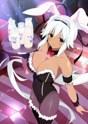 Rule 34 | 1girl, animal ears, armband, bare shoulders, black eyes, black leotard, black ribbon, black thighhighs, black wrist cuffs, blush, bottle, bow, bowtie, breasts, chair, cleavage, collarbone, cow, dark-skinned female, dark skin, detached collar, fake animal ears, fake tail, frilled armband, frills, from above, fur-trimmed leotard, fur-trimmed thighhighs, fur trim, hair intakes, hair ribbon, highleg, highleg leotard, highres, holding, holding tray, indoors, large breasts, lens flare, leotard, long hair, looking at viewer, milk, milk bottle, official art, open mouth, pantyhose, playboy bunny, ponytail, rabbit ears, rabbit tail, ribbon, senran kagura, senran kagura new wave, shiny skin, smile, solo, sparkle, strapless, strapless leotard, tail, thighhighs, traditional bowtie, tray, very long hair, white hair, wrist cuffs, yaegashi nan, yuyaki (senran kagura)