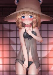 Rule 34 | 1girl, absurdres, alternate costume, animal collar, babydoll, bare shoulders, blonde hair, blue eyes, blush, breasts, collar, commentary request, cowboy shot, hand on own chest, hand up, hat, highres, indoors, looking at viewer, medium hair, moriya suwako, navel, onkona minazuki, open mouth, panties, petite, see-through, shadow, side-tie panties, small breasts, solo, tearing up, thigh gap, thighhighs, touhou, underwear