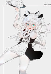 Rule 34 | 1girl, absurdres, animal ear fluff, animal ears, arm up, bell, black bow, black ribbon, blue eyes, blue hair, bow, cake, choker, dated, food, food on clothes, food on face, food on hair, frills, fruit, grain, hair bow, highres, holding, holding plate, light blue hair, long hair, maid, neck bell, open mouth, original, plate, ribbon, see-through, solo, strawberry, teeth, tongue, twintails, upper teeth only