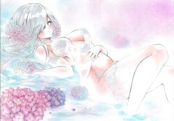 Rule 34 | 1girl, arim0k0, breasts, cleavage, commentary request, flower, grey eyes, grey hair, hair over one eye, highres, large breasts, lingerie, long hair, looking at viewer, lying, navel, on back, original, solo, traditional media, underwear, wading