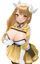 Rule 34 | 1girl, absurdres, belt, black belt, black pantyhose, braid, breasts, brown hair, cleavage, commentary request, cowboy shot, fire emblem, fire emblem engage, flashing, gloves, goldmary (fire emblem), grin, hair ribbon, highres, large breasts, long hair, long sleeves, looking at viewer, miniskirt, mole, mole on breast, nemuaki, nintendo, pantyhose, parted lips, pleated skirt, ribbon, shrug (clothing), simple background, skirt, smile, solo, standing, teasing, white background, white gloves, white ribbon, yellow eyes, yellow skirt