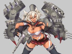 Rule 34 | 1girl, black gloves, black thighhighs, breasts, budget sarashi, capelet, commentary request, cowboy shot, dark-skinned female, dark skin, glasses, gloves, grey background, hair between eyes, headgear, kantai collection, kikumon, large breasts, machinery, miniskirt, musashi (kancolle), partially fingerless gloves, platinum blonde hair, pleated skirt, red eyes, red skirt, sarashi, shingyou (alexander-13), short hair with long locks, simple background, skirt, solo, thighhighs, twintails, two side up