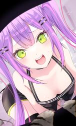 Rule 34 | 1girl, absurdres, all fours, black camisole, black shorts, black thighhighs, blush, breasts, camisole, cat, cleavage, commentary, downblouse, dutch angle, furrowed brow, green eyes, hair ornament, hairclip, halterneck, highres, hololive, kotaro (tokoyami towa), kudoukudokudo, long hair, looking at viewer, medium breasts, multicolored hair, open mouth, photo background, pink hair, pov, purple hair, short shorts, shorts, solo, streaked hair, sweatdrop, teeth, thighhighs, tokoyami towa, tokoyami towa (1st costume), twintails, two-tone hair, upper teeth only, virtual youtuber