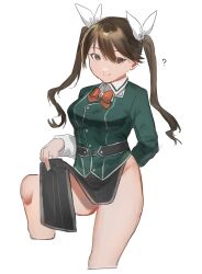 Rule 34 | 1girl, absurdres, arm behind back, bow, bowtie, brown eyes, brown hair, clothes lift, cowboy shot, cropped legs, elbow gloves, gloves, hair between eyes, hair ribbon, highres, holding, kantai collection, lifting own clothes, long hair, pelvic curtain, pelvic curtain lift, red bow, red bowtie, ribbon, shishamo (domado), simple background, single elbow glove, solo, tone (kancolle), tone kai ni (kancolle), twintails, white background, white ribbon
