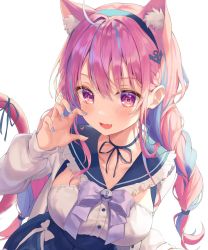 Rule 34 | 1girl, ahoge, aibek, anchor symbol, animal ear fluff, animal ears, bad id, bad twitter id, blue dress, blue hair, blue nails, blue ribbon, blush, bow, braid, breasts, cat ears, cat girl, cat tail, collarbone, commentary, dress, drill hair, english commentary, fang, frilled shirt collar, frills, hairband, highres, hololive, large breasts, long hair, long sleeves, looking at viewer, minato aqua, minato aqua (1st costume), minato aqua (sailor), multicolored hair, nail polish, official alternate costume, open mouth, paw pose, purple bow, purple eyes, purple hair, ribbon, sidelocks, simple background, skin fang, solo, streaked hair, symbol-only commentary, tail, twin braids, twintails, two-tone hair, upper body, virtual youtuber, white background