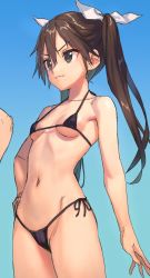 Rule 34 | 1girl, bikini, black bikini, blue background, breasts, brown eyes, brown hair, closed mouth, commentary request, hair between eyes, hair ribbon, hand on own hip, highres, kantai collection, kawakami rokkaku, long hair, micro bikini, protected link, ribbon, side-tie bikini bottom, simple background, small breasts, swimsuit, tone (kancolle), twintails, unfinished