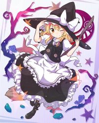 Rule 34 | 1girl, ;), apron, belt boots, blonde hair, boots, braid, broom, buckle, buttons, commentary request, crescent moon symbol, frilled apron, frilled skirt, frills, hair ribbon, hand on headwear, hat, hat ribbon, kirisame marisa, leaning, long hair, mushroom, one eye closed, puffy short sleeves, puffy sleeves, ribbon, short sleeves, single braid, skirt, skirt set, smile, solo, standing, standing on one leg, star (symbol), striped, striped background, tobi (nekomata homara), touhou, tress ribbon, waist apron, witch hat, yellow eyes